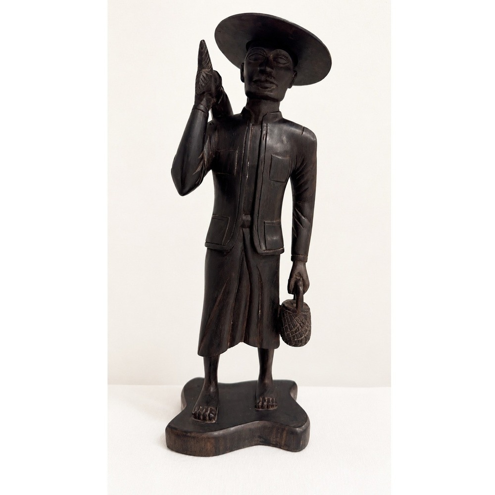 Unbranded Fisherman Figurine Dark Brown Wood Hand Carved Fish Basket Good